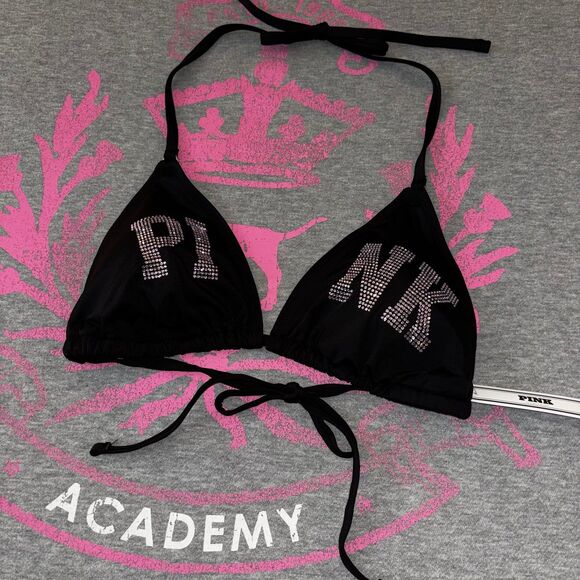 VS PINK Rhinestone Light Pink Diamanté Shine Bling Black String Bikini Top S-DD - Picture 7 of 11